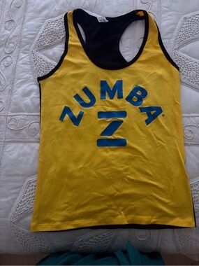Zumba Fitness woman Yellow Tank with Blue Logo and Black Trim